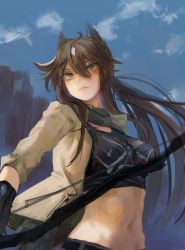 Rule 34 | 1girl, animal ears, arknights, blue sky, bow (weapon), breasts, brown hair, closed mouth, crop top, day, floating hair, green eyes, grey jacket, highres, holding, holding bow (weapon), holding weapon, jacket, long hair, looking at viewer, medium breasts, meteor (arknights), meteor (elite ii) (arknights), navel, noccu, open clothes, open jacket, outdoors, sky, solo, weapon
