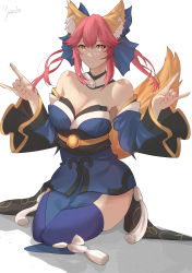 Rule 34 | 1girl, absurdres, animal ear fluff, animal ears, artist request, bare shoulders, blue kimono, blue ribbon, blue thighhighs, breasts, cleavage, collarbone, detached sleeves, double fox shadow puppet, fate/extella, fate/extra, fate/extra ccc, fate/grand order, fate (series), fox ears, fox girl, fox shadow puppet, fox tail, hair ribbon, highres, japanese clothes, kimono, large breasts, lips, looking at viewer, pink hair, ribbon, signature, simple background, sitting, solo, tail, tamamo (fate), tamamo no mae (fate/extra), thighhighs, white background, yellow eyes