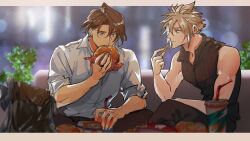 Rule 34 | 2boys, aqua eyes, bare shoulders, black pants, black shirt, blonde hair, blue eyes, blurry, blurry background, blurry foreground, brown hair, burger, cloud strife, collared shirt, cup, disposable cup, earrings, eating, final fantasy, final fantasy vii, final fantasy vii advent children, final fantasy viii, food, french fries, hair between eyes, highres, holding, holding cup, holding food, jewelry, letterboxed, male focus, multiple boys, pants, scar, scar on face, scar on forehead, shio ga, shirt, short hair, single earring, sitting, sleeveless, sleeveless shirt, sleeves rolled up, spiked hair, squall leonhart, white shirt
