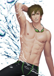 Rule 34 | 1boy, abs, black jammers, black male swimwear, brown hair, free!, goggles, goggles around neck, green eyes, jammers, male focus, male swimwear, navel, nipples, pectorals, penguin frontier, short hair, smile, solo, splashing, swimsuit, tachibana makoto, toned, toned male, topless male, water, white background