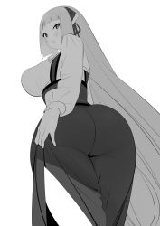 Rule 34 | 1girl, ass, blunt bangs, blush, breasts, curvy, dress, from behind, greyscale, hand on own hip, highres, huge ass, large breasts, long hair, long sleeves, looking at viewer, looking back, momoko (shoutao), monochrome, original, shoutao, sideboob, solo, thighs, very long hair, white background, wide hips