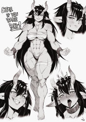 Rule 34 | 1girl, abs, absurdres, ahegao, bandages, black hair, blush, cuffs, demon girl, grey background, grin, hair between eyes, highres, horns, long hair, looking at viewer, monochrome, multiple views, muscular, muscular female, navel, oni, oni horns, open mouth, original, pointy ears, sarashi, shackles, sharp teeth, simple background, slit pupils, smile, speedl00ver, teeth, tongue, tongue out, very long hair