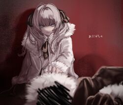 Rule 34 | 1girl, 1other, adipocere (vocaloid), ambiguous gender, black coat, black gloves, black ribbon, blunt bangs, blurry, blurry foreground, closed mouth, coat, collared shirt, fur-trimmed coat, fur-trimmed hood, fur trim, glaring, gloves, hair intakes, hair ribbon, highres, hood, hood down, hood up, hooded coat, long hair, long sleeves, looking at viewer, neck ribbon, nomuka, on ground, open clothes, open coat, outstretched arm, parka, pink eyes, red background, ribbon, scribble, shadow, shirt, sitting, slit pupils, song name, twintails, vocaloid, wariza, white coat, white shirt