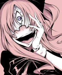 Rule 34 | 1girl, aligula, blush, cyclops, gloves, hand on own cheek, hand on own face, kekkai sensen, long hair, looking at viewer, mask, monster girl, one-eyed, open mouth, sangyou haikibutsu (turnamoonright), simple background, solo, yandere trance