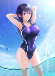 Rule 34 | 1girl, absurdres, armpits, arms behind head, arms up, back cutout, black hair, blush, breasts, caustics, clothing cutout, collarbone, competition swimsuit, contrapposto, covered navel, cowboy shot, day, dripping, gluteal fold, groin, hanegaito, highleg, highleg swimsuit, highres, large breasts, lens flare, light frown, long hair, looking at viewer, ocean, one-piece swimsuit, original, outdoors, partially underwater shot, purple one-piece swimsuit, red eyes, shiny clothes, solo, standing, sunlight, swimsuit, wading, water, water drop, waves, wet, wet clothes, wet hair, wet swimsuit