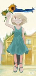 Rule 34 | 1girl, absurdres, ankle strap, arm up, bags under eyes, blonde hair, blue dress, closed mouth, collarbone, commentary, dress, floating hair, flower, full body, grey eyes, highres, holding, holding flower, house, lalah 7th, looking up, medium hair, original, painting (action), sandals, signature, sleeveless, sleeveless dress, solo, spaghetti strap, starry night, sundress, sunflower, surreal, the yellow house (van gogh), white background