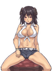 Rule 34 | 1girl, black hair, blush, breasts, brown hair, cleavage, crop top, female focus, front-tie top, horns, houtengeki, large breasts, long hair, navel, open clothes, open mouth, open shirt, original, red eyes, shirt, short shorts, shorts, sitting, solo, tied shirt
