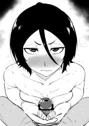 1boy 1girl bar_censor bare_shoulders black_hair bleach bleach:_sennen_kessen-hen blush breasts censored collarbone completely_nude highres kaiman_garupan kuchiki_rukia looking_at_viewer medium_hair monochrome nude paizuri penis_grab small_breasts steam