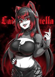 Rule 34 | animal collar, animal ears, black hair, breasts, bustier, claws, cleavage, collar, cross-shaped pupils, ear piercing, ebiblue, fangs, goth fashion, hand on own hip, highres, large breasts, long hair, midriff, multicolored hair, navel, original, piercing, red hair, red lips, red nails, shrug (clothing), sidelocks, streaked hair, symbol-shaped pupils