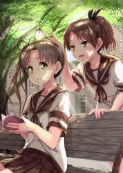 Rule 34 | 10s, 2girls, :o, ayanami (kancolle), bench, blush, book, brown eyes, brown hair, brown skirt, bug, butterfly, butterfly on head, commentary request, dappled sunlight, day, hair ribbon, highres, holding, holding book, hopper, insect, kantai collection, light rays, long hair, looking to the side, md5 mismatch, multiple girls, open book, open mouth, outdoors, pleated skirt, ponytail, resized, resolution mismatch, ribbon, school uniform, serafuku, shade, shikinami (kancolle), short hair, side ponytail, sitting, skirt, smile, source larger, sunlight, tree, tree shade, window