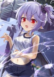 Rule 34 | 1girl, akisome hatsuka, alternate costume, bat wings, blue shorts, blush, casual, looking at another, outdoors, pool, purple hair, red eyes, remilia scarlet, shirt, short shorts, shorts, solo, touhou, water, wet, wet clothes, wet shirt, white shirt, wings