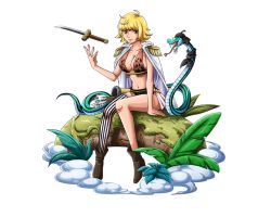 Rule 34 | 1girl, asymmetrical legwear, blonde hair, bodskih, boots, bra, breasts, brown bra, brown footwear, cleavage, collarbone, full body, knife, large breasts, looking at viewer, marguerite (one piece), microskirt, one piece, one piece treasure cruise, short hair, sideboob, sitting, skirt, snake, solo, standing, striped clothes, striped thighhighs, thighhighs, transparent background, underwear, uneven legwear, vertical-striped clothes, vertical-striped thighhighs