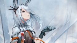 Rule 34 | 1girl, absurdres, animal ears, arknights, artist name, black gloves, brown shirt, chinese commentary, commentary request, extra ears, frostnova (arknights), gloves, grey hair, hair ornament, hair over one eye, hand up, highres, jacket, long hair, open clothes, open jacket, parted lips, rabbit ears, rafael-m, scar, scar on face, scar on nose, shirt, snow, solo, upper body, white jacket