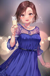 Rule 34 | 1girl, arm at side, blue dress, blurry, blurry background, blush, bracelet, breasts, brown eyes, brown hair, collarbone, commentary, commission, cowboy shot, cup, diamond earrings, dress, drinking glass, earrings, eyelashes, fingernails, floral print, forehead, formal, grey background, hand up, highres, holding, holding cup, idolmaster, idolmaster cinderella girls, jewelry, long dress, looking at viewer, medium breasts, mizuki seira, necklace, open mouth, short hair, simple background, skeb commission, smile, solo, sparkle, standing, suzushiro atsushi, twitter username