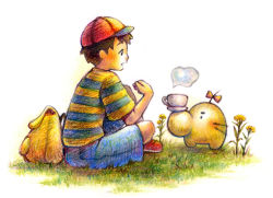Rule 34 | backpack, bag, brown hair, coffee, cup, doseisan, flower, game console, grass, hat, male focus, moke moke mokke, mother (game), mother 2, ness (mother 2), nintendo, red footwear, red hat, shirt, shoes, sitting, sneakers, steam, striped clothes, striped shirt
