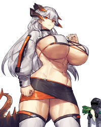 Rule 34 | 1boy, 1girl, abs, adapted costume, alternate breast size, arknights, bikini, bikini top only, black coat, black skirt, breasts, clenched hand, closed mouth, coat, commentary, cowboy shot, daikon, doctor (arknights), dragon horns, dragon tail, ear piercing, highres, hood, hooded coat, horns, huge breasts, long hair, looking at viewer, melon22, miniskirt, muscular, orange eyes, orange skirt, piercing, radish, saria (arknights), shirt, shrug (clothing), silver hair, simple background, skirt, solo focus, swimsuit, tail, thighhighs, thighs, two-tone skirt, underboob, white background, white bikini, white shirt, white thighhighs