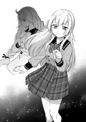 Rule 34 | 2girls, ahoge, arm at side, blunt bangs, bow, bowtie, braid, buttons, cropped torso, expressionless, feet out of frame, from side, gradient background, greyscale, hand up, highres, himuro lavi, kneehighs, long hair, long sleeves, looking at viewer, magia record: mahou shoujo madoka magica gaiden, mahou shoujo madoka magica, miniskirt, monochrome, multiple girls, plaid, plaid bow, plaid bowtie, plaid skirt, pleated skirt, profile, school uniform, shirogane (madoka magica), shirt, skirt, smile, socks, straight hair, swept bangs, twin braids, very long hair, wing collar, yukishiro (hitsuji)