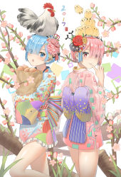 Rule 34 | 10s, 2017, 5ya, bad id, bad pixiv id, bird, blue eyes, blue hair, carrying, cherry blossoms, chick, chicken, chinese zodiac, commentary request, egg, finger to mouth, flower, hair flower, hair ornament, hair over one eye, highres, index finger raised, japanese clothes, kimono, looking at viewer, maid headdress, obi, pink eyes, pink hair, ram (re:zero), re:zero kara hajimeru isekai seikatsu, rem (re:zero), rooster, rose, sash, short kimono, siblings, sisters, smile, branch, twins, year of the rooster