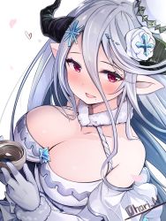 Rule 34 | 1girl, blue hair, breasts, cleavage, draph, gloves, granblue fantasy, hat, highres, horns, izmir, large breasts, mini hat, mole, mole under mouth, nino (shira), petals, petals on liquid, pointy ears, red eyes, solo, twitter username, white background, white gloves