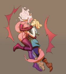 Rule 34 | 2girls, android 18, android 21, blonde hair, blush, boots, colored skin, crying, dragon ball, dragonball z, garter straps, highres, jacket, leggings, leotard, majin android 21, multiple girls, pink skin, shirt, skirt, tail, tears, thighhighs, tomboyhusband, white hair
