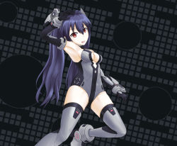 Rule 34 | 1girl, :d, armpits, black hair, black heart (neptunia), black heart (neptunia) (cosplay), boots, cleavage cutout, clothing cutout, cosplay, elbow gloves, gloves, halcyon (halcyon90), headgear, highres, leotard, looking at viewer, neptune (series), noire (neptunia), open mouth, red eyes, smile, solo, thigh boots, thighhighs, twintails