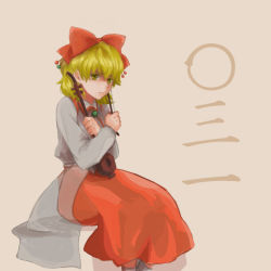 Rule 34 | 1girl, blonde hair, bow, closed mouth, collared shirt, erhu, frown, hair bow, hands up, holding, holding instrument, instrument, long skirt, long sleeves, red bow, red skirt, satsuki rin, see-through, shikido (khf), shirt, short hair, sitting, skirt, solo, touhou, white shirt, x arms, yellow eyes