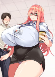 Rule 34 | 1boy, 1girl, blush, breasts, cup-chan, dress shirt, faceless, faceless male, glasses, green eyes, highres, huge breasts, id card, looking at viewer, office lady, original, panties, pantyshot, pink hair, plump, shirt, skirt, underwear, wide hips