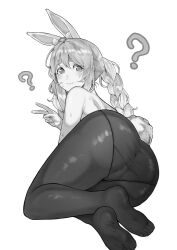 Rule 34 | 1girl, ?, @ @, animal ear fluff, animal ears, armpit crease, ass, blush, braid, commentary, extra ears, feet, fine fabric emphasis, from behind, full body, greyscale, hand up, highres, hololive, inamimi (sheep1733), long hair, looking at viewer, monochrome, no shoes, panties, panties under pantyhose, pantyhose, rabbit ears, rabbit tail, short eyebrows, sidelocks, simple background, smile, soles, sweatdrop, symbol-only commentary, tail, thick eyebrows, topless, twin braids, underwear, usada pekora, v, virtual youtuber