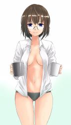 Rule 34 | 1girl, aqua background, black panties, blue eyes, breasts, breasts apart, brown hair, character request, coffee mug, commentary request, copyright request, cup, gluteal fold, gouta (nagishiro6624), gradient background, highres, light smile, looking at viewer, medium breasts, medium hair, mug, navel, no pants, open clothes, panties, semi-rimless eyewear, shirt, sketch, smile, solo, steam, thighs, under-rim eyewear, underwear, white background, white shirt