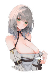 Rule 34 | 1girl, bare shoulders, blush, breasts, cleavage, closed mouth, clothes pull, detached sleeves, green eyes, grey hair, highres, hololive, large breasts, looking at viewer, shirogane noel, shirogane noel (5th costume), shirt pull, solo, uo illust, upper body, virtual youtuber, white background, wide sleeves