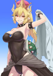 Rule 34 | 1girl, arm up, armpits, bare shoulders, black leotard, blonde hair, blue sky, bowsette, bracelet, breasts, cleavage, collar, contrapposto, covered navel, cowboy shot, crown, day, fang, groin, hand up, highleg, highleg leotard, highres, horns, jacket, jewelry, large breasts, leotard, looking at viewer, mario (series), new super mario bros. u deluxe, nintendo, pointy ears, ponytail, red eyes, scotishfold, sharp teeth, shell, shoulder spikes, skirt, sky, sleeveless, slit pupils, smile, smirk, solo, spiked bracelet, spiked collar, spikes, standing, strapless, super crown, teeth, waist cape