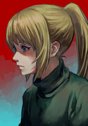 Rule 34 | 1girl, blonde hair, blue background, blue eyes, from side, highres, long hair, poniko, ponytail, portrait, red background, shousan (hno3syo), solo, sweater, yume nikki