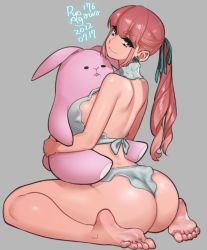 Rule 34 | 1girl, agawa ryou, ass, back, backless outfit, bare back, bare shoulders, breasts, earrings, feet, frills, from behind, hug, huge ass, jewelry, large breasts, long hair, looking at viewer, hugging object, original, pink hair, sideboob, smile, solo, stuffed animal, stuffed toy, thick eyebrows, thighs, toy