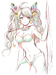 Rule 34 | 10s, 1girl, ahoge, antenna hair, arm at side, bikini, breasts, cleavage, cowboy shot, crystal, de la fille, earrings, eyelashes, gb hm, granblue fantasy, green bikini, green eyes, green hair, groin, hair ornament, jewelry, light smile, long hair, looking at viewer, matching hair/eyes, navel, necklace, sarong, simple background, solo, strapless, strapless bikini, swept bangs, swimsuit, twintails, white background