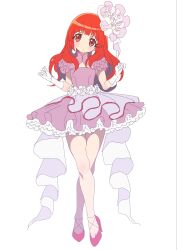 Rule 34 | 1girl, archived source, bad id, bad twitter id, closed mouth, commentary request, dress, earrings, frilled dress, frills, full body, gloves, hands up, harune aira, highres, jewelry, long hair, looking at viewer, orange eyes, orange hair, pink dress, pink footwear, pretty rhythm, pretty rhythm aurora dream, pretty series, puffy short sleeves, puffy sleeves, short sleeves, simple background, solo, standing, white background, white gloves, zashima