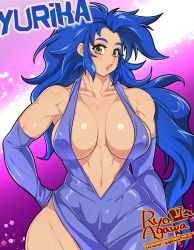 Rule 34 | 1girl, abstract background, agawa ryou, artist name, blue hair, breasts, bridal gauntlets, cleavage, cocktail dress, curvy, dress, elbow gloves, eyeshadow, gloves, hand on own hip, large breasts, lipstick, long hair, makeup, muscular, navel, parted lips, skin tight, solo, very long hair, web address, wide hips, yellow eyes