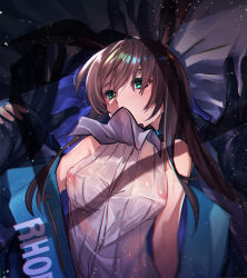 Rule 34 | 1girl, 1other, amiya (arknights), animal ears, arknights, ascot, bare shoulders, black gloves, blue jacket, blush, breasts, brown hair, clothes writing, commentary request, doctor (arknights), from above, gloves, green eyes, grey neckwear, hair over one eye, highres, holding another&#039;s wrist, jacket, long hair, long sleeves, lying, medium breasts, necktie, nipples, no bra, on back, open clothes, open jacket, pov, rabbit ears, rabbit girl, see-through, shirt, sleeveless, sleeveless shirt, solo focus, tears, ten no hoshi, upper body, window shadow