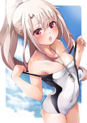 Rule 34 | 1girl, bare shoulders, blue sky, blush, breasts, collarbone, competition swimsuit, cosplay, covered navel, fate/grand order, fate/kaleid liner prisma illya, fate (series), hair between eyes, high ponytail, highleg, highleg swimsuit, highres, illyasviel von einzbern, jeanne d&#039;arc (fate), jeanne d&#039;arc (swimsuit archer) (fate), jeanne d&#039;arc (swimsuit archer) (fate) (cosplay), jeanne d&#039;arc (swimsuit archer) (second ascension) (fate), long hair, looking at viewer, mochi (k620803n), off shoulder, one-piece swimsuit, open mouth, red eyes, sidelocks, sky, small breasts, solo, swimsuit, thighs, whistle, whistle around neck, white hair