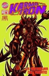 Rule 34 | 2014, alien, asura (karmatron), blade, comic, commentary, cover, darkopolo, dated, english commentary, fake cover, fantasy, highres, inferno armor, karmatron y los transformables, lance, logo, looking at viewer, mecha, monster, no humans, polearm, redesign, robot, science fiction, signature, spanish text, spikes, spoilers, super:robot, title, weapon, western comics (style)