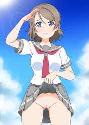 Rule 34 | 1girl, absurdres, blue eyes, breasts, clothes lift, commission, facing viewer, frown, gluteal fold, grey skirt, highres, lifting own clothes, light brown hair, love live!, love live! sunshine!!, medium breasts, medium hair, neckerchief, pussy, red neckerchief, salute, school uniform, serafuku, shirt, skeb commission, skirt, skirt lift, sky, tearing up, usazirou539, watanabe you, white shirt