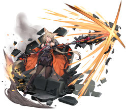 Rule 34 | 1girl, ammunition, animal ears, belt, blonde hair, boots, bow, coat, collar, commentary, concept art, english commentary, explosion, fingerless gloves, fox ears, fox tail, full body, gloves, hair bow, highres, holding, holding weapon, leg up, long coat, long hair, miniskirt, necktie, off shoulder, open clothes, open coat, open mouth, original, pantyhose, polearm, pouch, red bow, red coat, red collar, red eyes, red necktie, rubble, simple background, skirt, sl86, smile, smoke, solo, split ponytail, tail, very long hair, weapon, white background