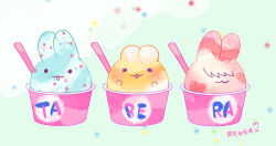 Rule 34 | :3, animal ears, artist name, black eyes, blue background, blush, closed eyes, closed mouth, commentary request, food, food focus, hair over eyes, ice cream, ice cream cup, looking at viewer, no humans, open mouth, original, rabbit, rabbit ears, smile, solid circle eyes, spoon, sprinkles, umibird
