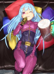 Rule 34 | 1girl, ;d, absurdres, akisa yositake, belt, blue hair, bodysuit, breasts, couch, cushion, food, gloves, highres, holding, holding food, ice cream, ice cream tub, kula diamond, long hair, long sleeves, looking at viewer, on couch, one eye closed, open mouth, reclining, red eyes, smile, solo, straight hair, the king of fighters