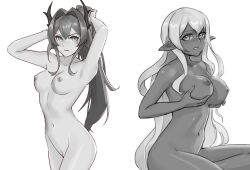 Rule 34 | 2girls, arknights, armpits, arms up, blush, breast hold, breasts, closed mouth, cowboy shot, dark-skinned female, dark skin, female pubic hair, greyscale, hair intakes, highres, horns, large breasts, long hair, looking at viewer, lunn, medium breasts, monochrome, multiple girls, navel, original, parted lips, pointy ears, ponytail, pubic hair, sidelocks, simple background, sitting, stomach, surtr (arknights), v-shaped eyebrows, very long hair, white background