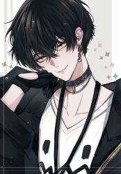 Rule 34 | 1boy, artist name, aruse inu, black collar, black gloves, black hair, black jacket, blush, chain, chain earrings, chain necklace, collar, commentary request, crossed bangs, earrings, eyelashes, gloves, grey background, hair between eyes, hand up, head rest, head tilt, highres, jacket, jewelry, lanyard, long sleeves, looking at viewer, male focus, multiple earrings, necklace, neo-porte, open clothes, open jacket, parted lips, print shirt, puffy long sleeves, puffy sleeves, ring, shirt, short hair, sidelocks, signature, simple background, smile, solo, star (symbol), szainx, two-tone background, upper body, v-neck, virtual youtuber, white background, white shirt, yellow eyes, zipper