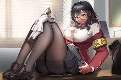 Rule 34 | 1boy, 1girl, armband, azur lane, black hair, bow, bowtie, brown bow, brown bowtie, classroom, commander (azur lane), desk, giant, giantess, glasses, grey skirt, hand on own chest, hat, hetero, indoors, jacket, kkasi00, loafers, long hair, looking at another, military, military uniform, mini person, miniboy, naval uniform, on desk, open clothes, open shirt, pantyhose, peaked cap, phone, red eyes, red jacket, shirt, shoes, short hair, sitting, on desk, size difference, skirt, smile, taihou (azur lane), taihou (sweet time after school) (azur lane), thighband pantyhose, uniform, white headwear, white jacket, white shirt, yellow armband