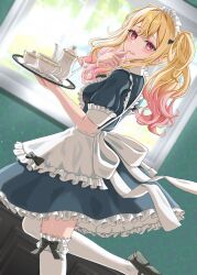 Rule 34 | 1girl, absurdres, alternate costume, apron, blonde hair, breasts, cup, dress, finger to mouth, frilled dress, frills, highres, hinato1710, holding, holding tray, long hair, looking at viewer, maid, maid apron, maid headdress, medium breasts, multicolored hair, project sekai, red eyes, short sleeves, smile, solo, standing, standing on one leg, teacup, teapot, tenma saki, thighhighs, tray, twintails