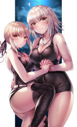 Rule 34 | 2girls, absurdres, artoria pendragon (all), artoria pendragon (fate), bad id, bad pixiv id, belt, black legwear, blonde hair, border, braid, breasts, cleavage, cloud, fate/grand order, fate (series), french braid, highres, holding hands, jeanne d&#039;arc (fate), jeanne d&#039;arc alter (fate), jeanne d&#039;arc alter (ver. shinjuku 1999) (fate), jewelry, large breasts, lolita fashion, multiple girls, nano (syoutamho), necklace, night, night sky, official alternate costume, saber alter, saber alter (ver. shinjuku 1999) (fate), short hair, silver hair, sky, tsurime, white belt, white border, wicked dragon witch ver. shinjuku 1999, yellow eyes, yuri