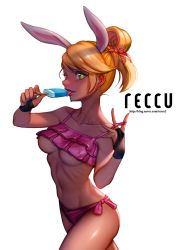 Rule 34 | 1girl, :p, animal ears, artist name, bad id, bad pixiv id, bikini, blonde hair, breasts, cowboy shot, flower, food, food on face, frills, green eyes, hair flower, hair ornament, heart, heart-shaped pupils, ice cream, looking at viewer, original, rabbit ears, reccu, side-tie bikini bottom, simple background, solo, standing, strap lift, swimsuit, symbol-shaped pupils, tongue, tongue out, underboob, watermark, web address, white background