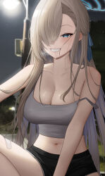 Rule 34 | 1girl, absurdres, asuna (blue archive), black shorts, blue archive, blue eyes, blue halo, blue ribbon, breasts, cleavage, collarbone, grin, hair over one eye, hair ribbon, halo, highres, jupo, large breasts, light brown hair, long hair, looking at viewer, mole, mole on breast, navel, night, outdoors, ribbon, shorts, smile, solo